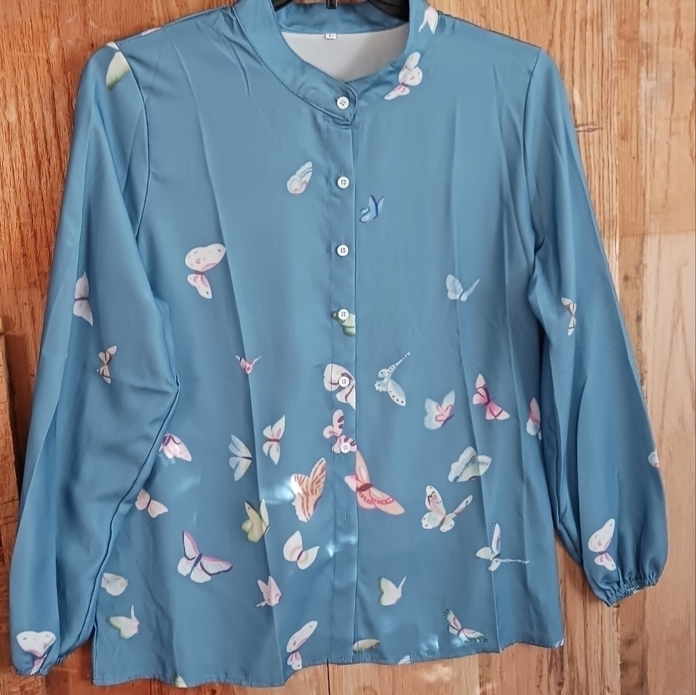 Blue Butterfly Button Down Long Sleeve Top - Picture 3 of 4